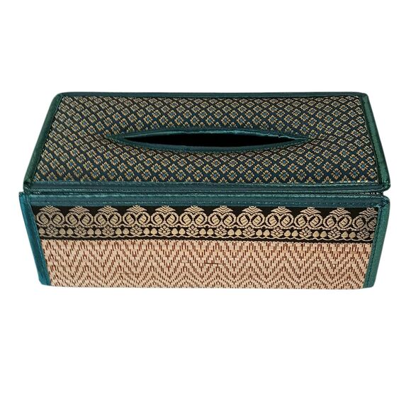 Handmade Woven Reed Tissue Box Holder Blue Green Brown Gold Rectangle Bohemian - Picture 1 of 16